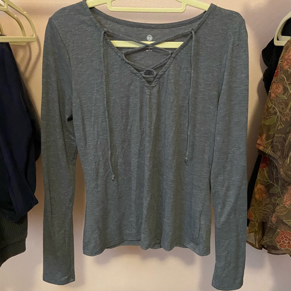 Long Sleeve Gray Lace-Up Top